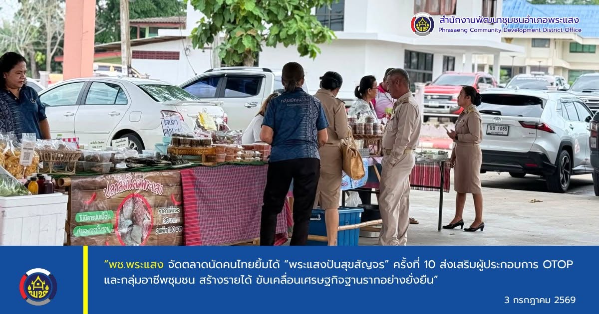 “พช.พระแสง จัดตลาดนัดคนไทยยิ้มได้ “พระแสงปันสุขสัญจร” ครั้งที่ 10 ส่งเสริมผู้ประกอบการ OTOP และกลุ่มอาชีพชุมชน สร้างรายได้ ขับเคลื่อนเศรษฐกิจฐานรากอย่างยั่งยืน”